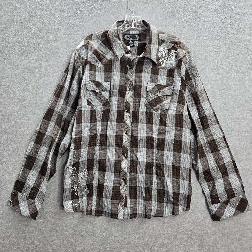 Shyanne Women Button Up Shirt 2XL Brown Plaid Floral Rose Western Pearl Snap